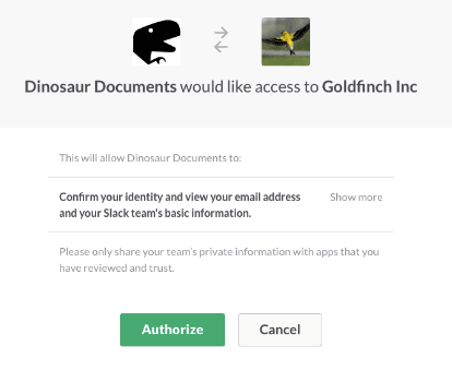 Sign in with Slack approval process screenshot" title="Sign in with Slack approval process screenshot